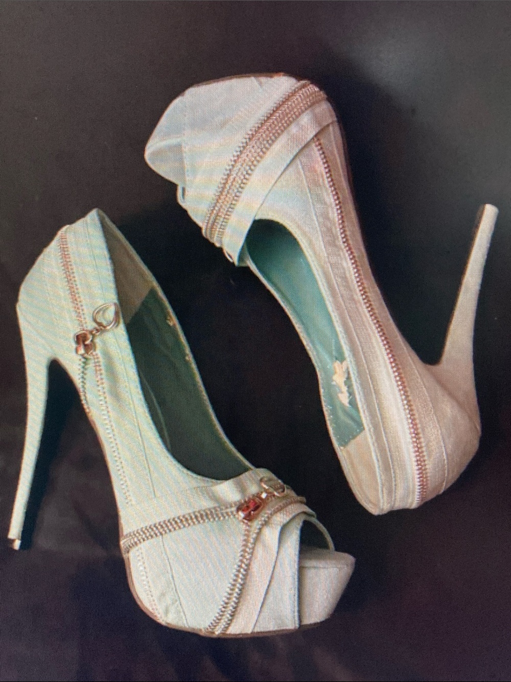 Peep-Toe Platform Stiletto Heels in Mint with Zipper Trim